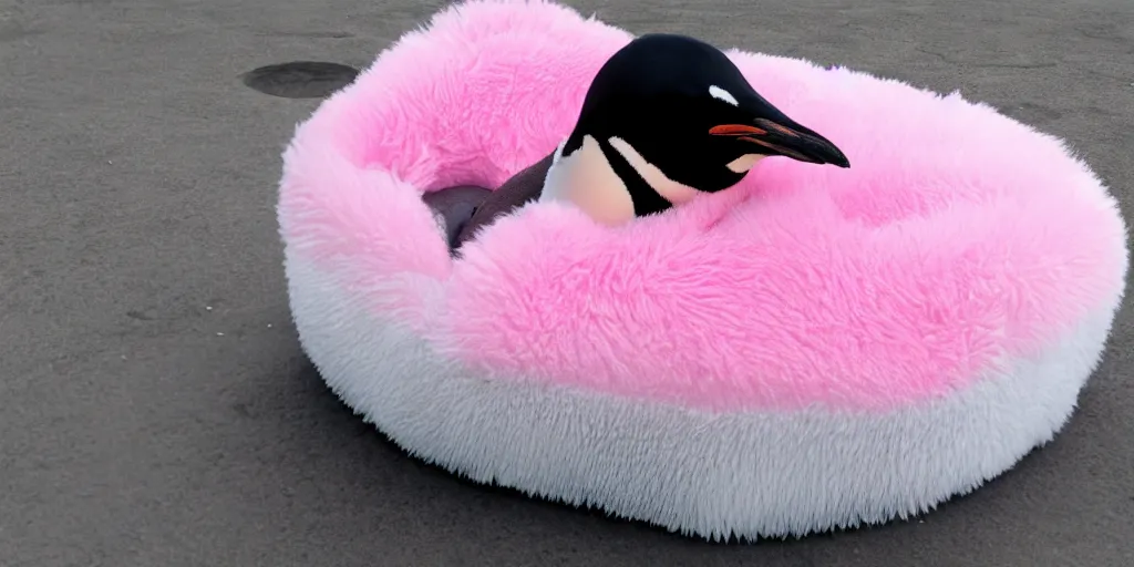 Image similar to realistic penguin sitting in a pink fluffy bed