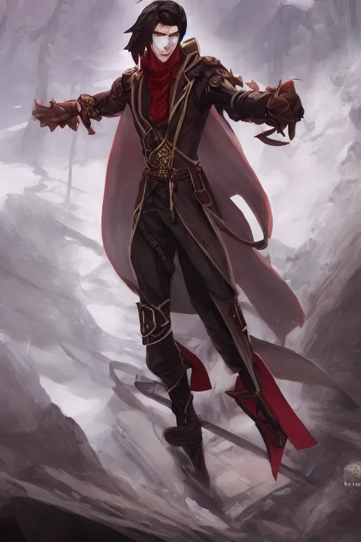 Prompt: full body shot of an intimidating male dhampir in the style of Pathfinder by Cushart Krenz and Artgerm , long coat, long dark hair, red eyes, low angle shot, highly detailed, trending on artstation, cgsociety, 4k, 8k, HDR, octane render, unreal engine