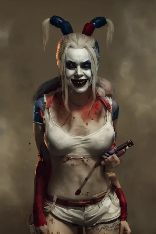 Image similar to a portrait of a scary Harley Quinn by Greg Rutkowski, Sung Choi, Mitchell Mohrhauser, Maciej Kuciara, Johnson Ting, Maxim Verehin, Peter Konig, final fantasy , mythical, 8k photorealistic, cinematic lighting, HD, high details, atmospheric,