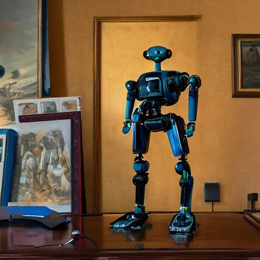 Prompt: a professional photo of a futuristic cool beautiful robot holding a camera to take pictures. in the background several pieces of classical oil paintings.