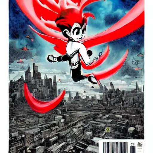 Prompt: award winning art of Astro Boy Demon nº625 Manga cover with an illustration of astroboy flying over a big messy matte painted city, bird eyes view of the city, full of japanese signs, Ashley wood oil painting, dynamic composition, printed on paper