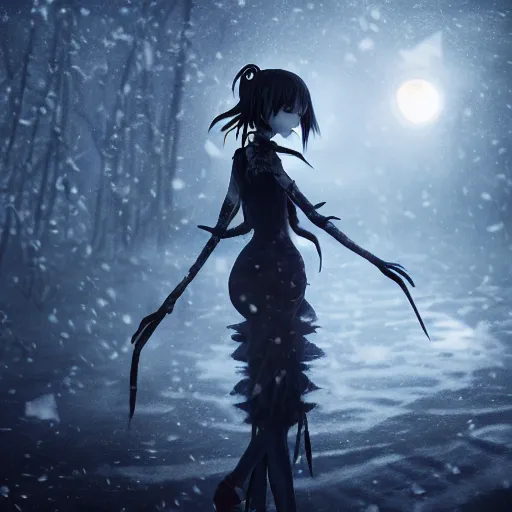 Image similar to full shot of angry darkness beautiful anime girl at moonlight, snowing, gothic wearing, inspired by Tim Burton, Amano, detailed, unreal engine 4k volumetric light, fog,