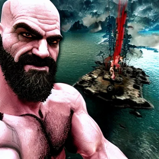 Prompt: kratos taking a selfie after killing zeus in god of war