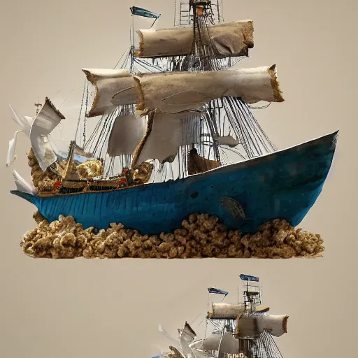 Prompt: captain crunch and his 1 8 0 0 s frigate are attached by a giant whale made out of cereal, very detailed, nautical art, artstation,