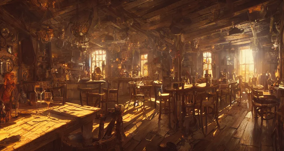 Image similar to tavern, hyperdetailed, artstation, cgsociety, golden hour 8 k