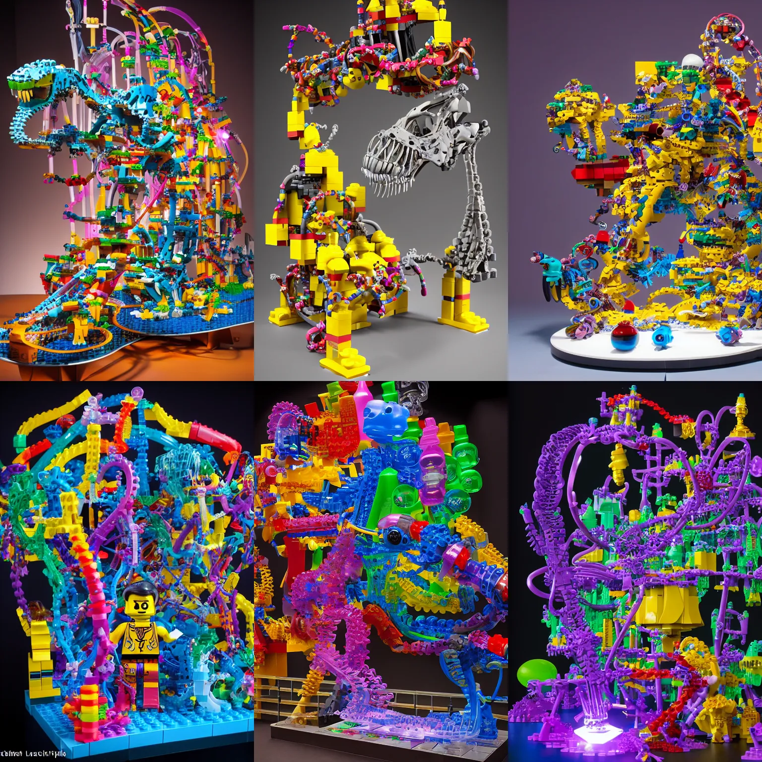 Prompt: pictoplasma, disney, pixar, dreamworks, electron microscopy Simple translucent mechanic bionic lego dinosaur skeleton dissection sculpture made from rollercoaster, with colorfull jellybeans organs, cables, wires and tubes, by david lachapelle, by angus mckie, by rhads, in a dark empty black studio hollow, c4d, at night, rimlight, rimight, rimlight
