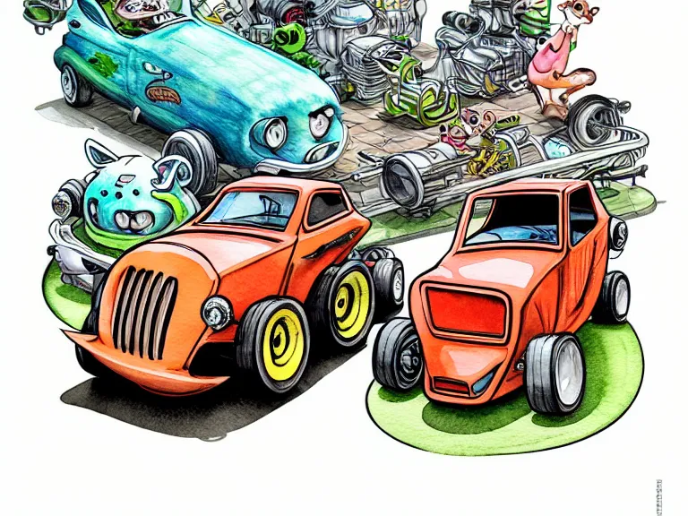 Image similar to cute and funny, racoon riding in a tiny hot rod coupe with oversized engine, ratfink style by ed roth, centered award winning watercolor pen illustration, isometric illustration by chihiro iwasaki, edited by range murata