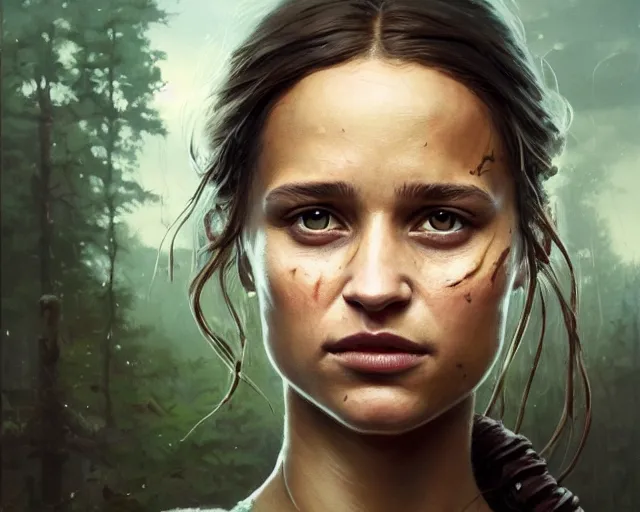 Image similar to highly detailed portrait of alicia vikander, in the walking dead, stephen bliss, unreal engine, fantasy art by greg rutkowski, loish, rhads, ferdinand knab, makoto shinkai and lois van baarle, ilya kuvshinov, rossdraws, tom bagshaw, global illumination, radiant light, detailed and intricate environment