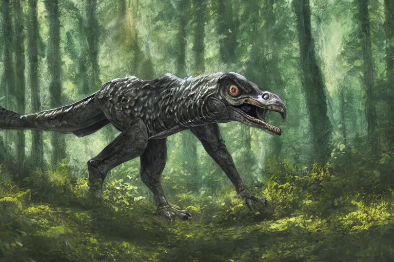 Prompt: highly detailed photograph of a oil raptor in the forest, featured on pixiv