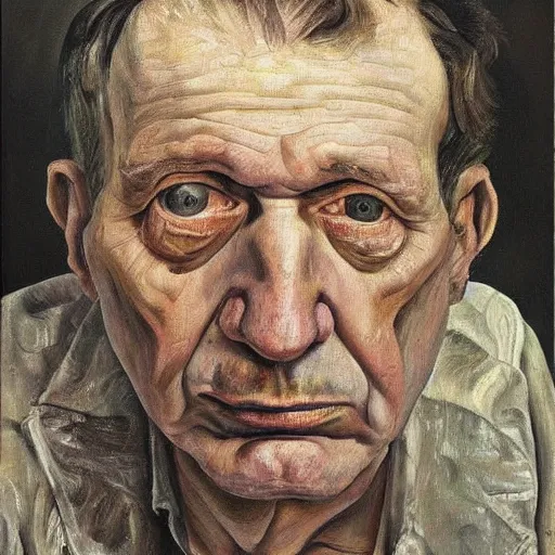 Prompt: Oil painting Portrait of a sad Man, by Lucian Freud, Abstract brush strokes, Masterpiece