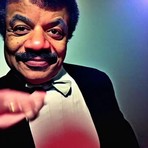 Prompt: neil degrasse tyson as the grim-hatter, sinister smile and evil dark look, nebula mist and fog, a picture taken by galaxy s20