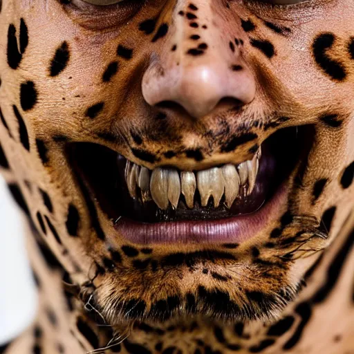 Prompt: a close up portrait of a man whose face is covered in leopard skin, bearing blooded teeth and looking menacing, soft studio lighting, sigma 85mm