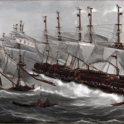 Prompt: A flying fleet of fantastic french ships
