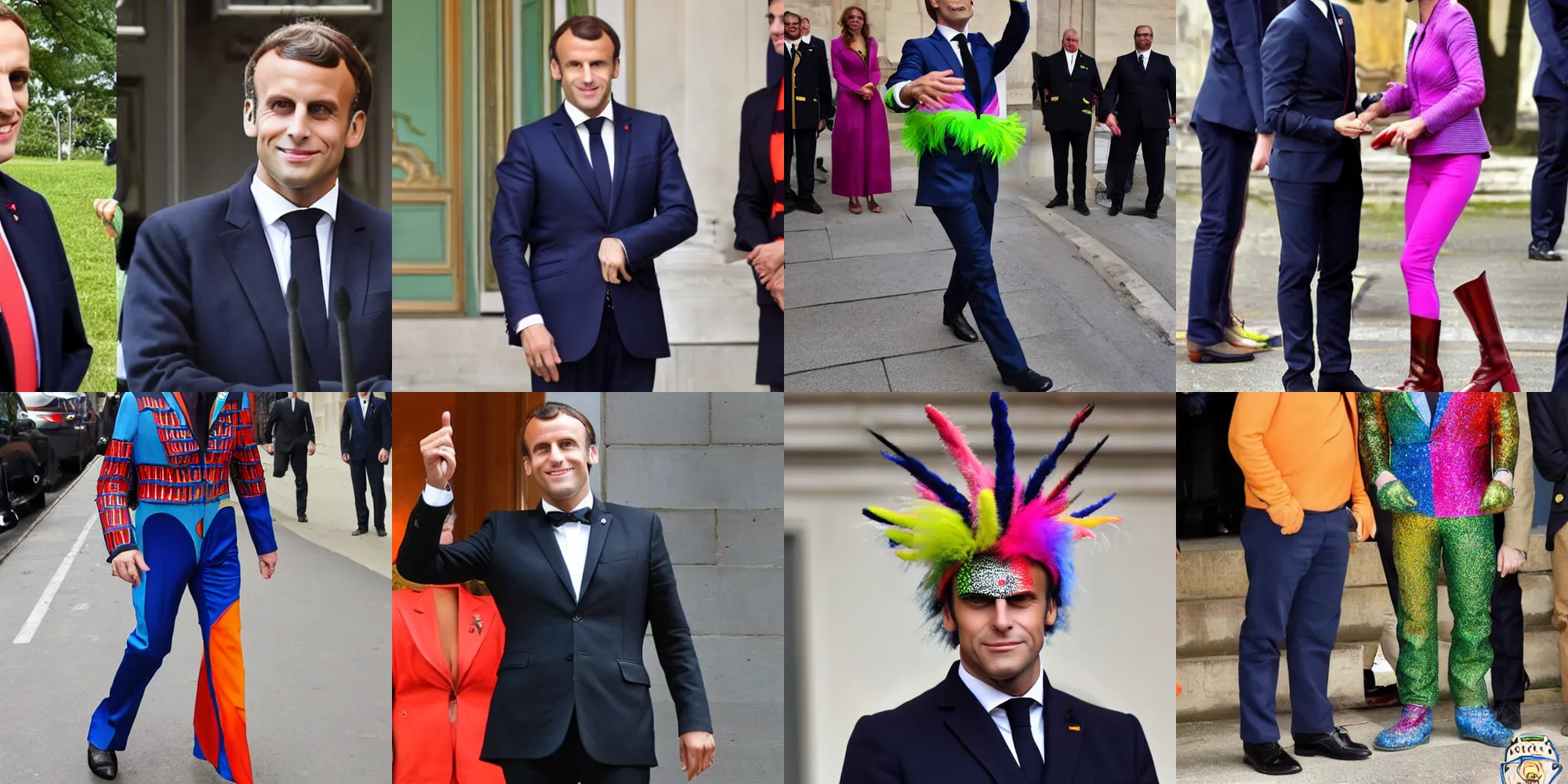 Prompt: emanuel macron wearing a strange colorfull costume