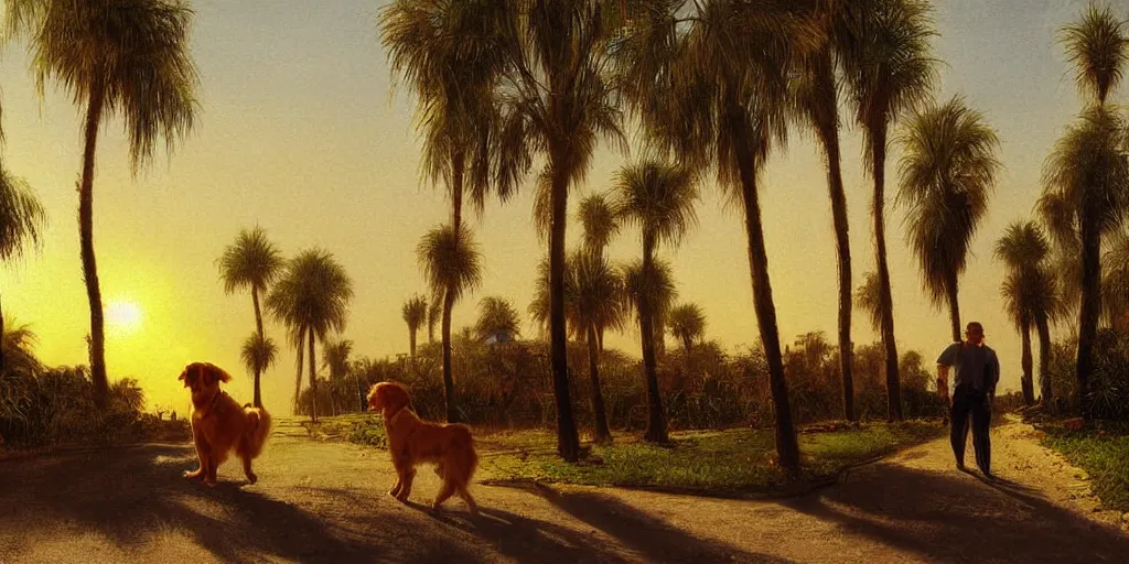 Image similar to golden retriever dog walking in tel aviv street looking at the camera. palm trees. realistic. sunset. high quality. digital art. watercolor. highly detailed. drawing. art. colorful. fluffy art by albert bierstadt