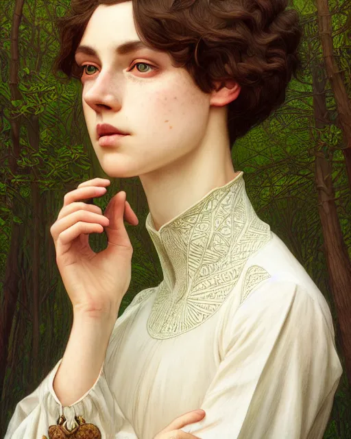 Image similar to symmetry portrait of welsh brunette student in mans tunic, embroidery, tomboy, short hair, intricate forest background, intricate, elegant, highly detailed, digital painting, artstation, concept art, smooth, sharp focus, illustration, art by artgerm and greg rutkowski and fra angelico and alphons mucha