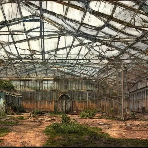 Prompt: concept art of an abandoned greenhouse with subtle psychedelic alterations by john howe and henry ossawa tanner, trending on artstation, hyperrealism, highly detailed, art gallery, museum piece