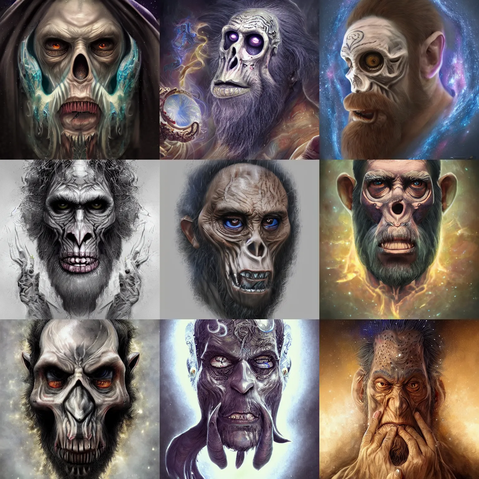 Image similar to a wlop 3 d render of very very very very highly detailed beautiful mystic portrait of a phantom undead mage ape with whirling galaxy around, tattoos by anton pieck, intricate, extremely detailed, digital painting, artstation, concept art, smooth, sharp focus, illustration, intimidating lighting, incredible art,