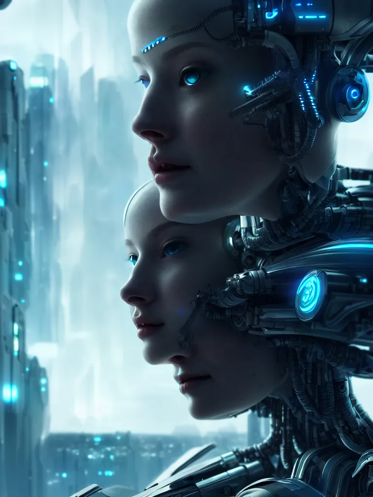 Image similar to ultra realistic, beautiful female cyborg lost in a space metropolis, sci-fi, cyberpunk, concept art, intricate details, eerie, highly detailed, octane render, 8k