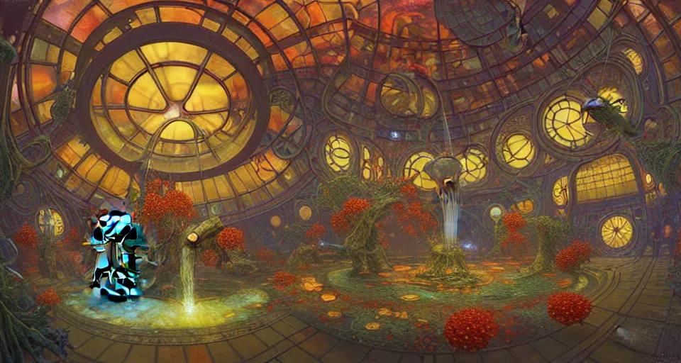 Prompt: fish eye lens, minimalist 3 d fractal oil painting by donato giancola, warm coloured, cinematic scifi bioluminescent luxurious futuristic foggy steam filled victorian garden circular shopping mall interior with microscopy minimalist stained glass flowers growing out of pretty bulbous ceramic fountains, gigantic pillars and flowers, maschinen krieger, beeple, star trek, star wars