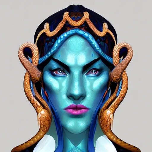 Prompt: queen of snakes, crown of snakes, blue skin, digital art, artstation