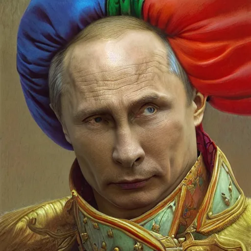 Prompt: vladimir putin, is a jester, circus performance, fantasy 3 d render, masterpiece, by donato giancola and greg rutkowski and wayne barlow and zdzisław beksinski, realistic face