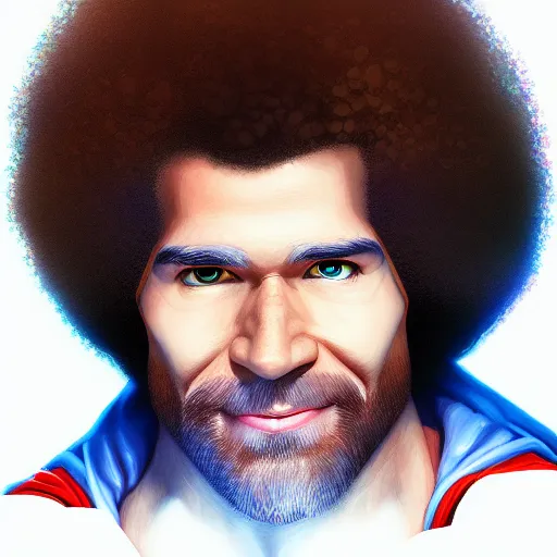 Prompt: award winning commission portrait of bob ross as superman,digital art,hyperdetailed,detailed face,ross tran,character design by charles bowater,deviantart,artstation,photorealistic,4k