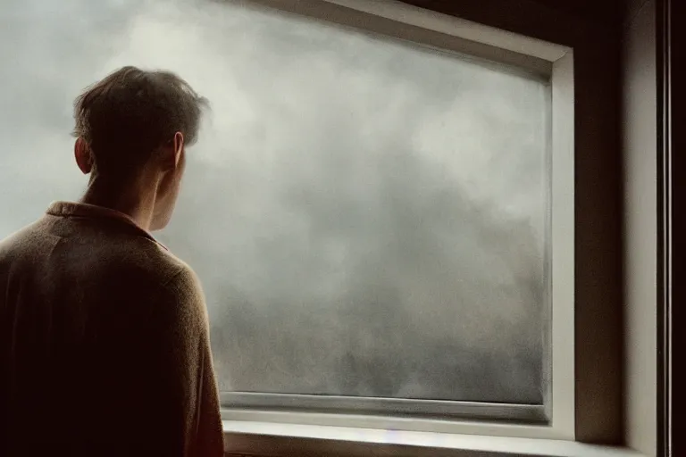 Image similar to a cinematic painting of homelander looking through a steamed up penthouse window, beautiful lighting, high depth, ultra realistic, artistic, by annie leibovitz