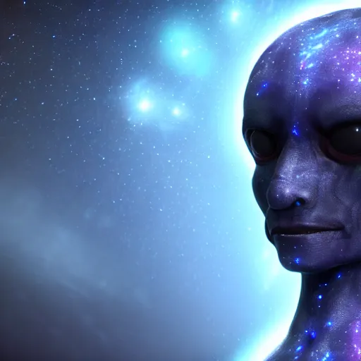 Prompt: a humanoid creature that looks like the galaxy, realistic, detailed, 4 k