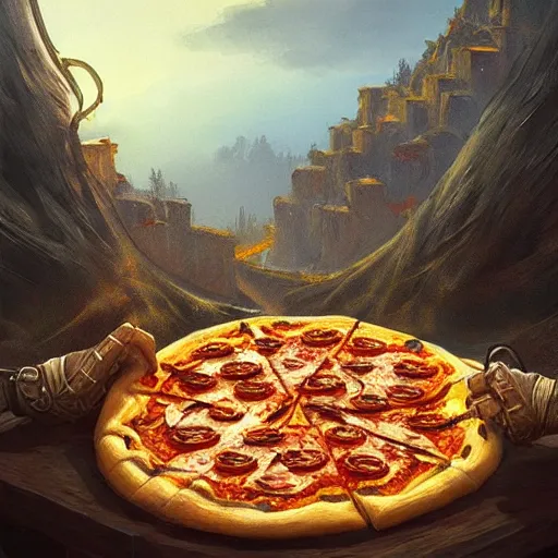 Image similar to ultra realistic illustration of pizza giant, intricate, fantasy italy, epic landscape, highly detailed, digital painting, artstation, concept art, smooth, sharp focus, beautiful, art by tim mcburnie and conar cross and anato finnstark