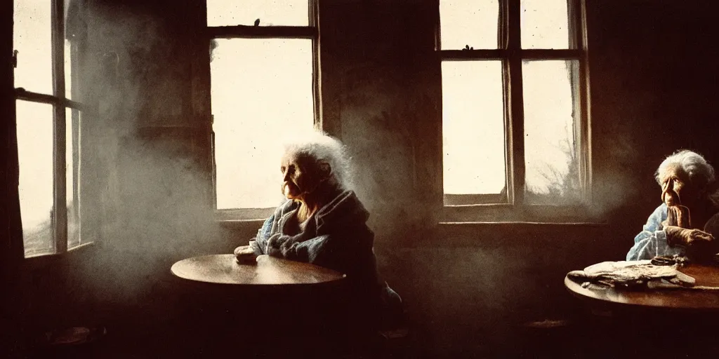 Image similar to portrait bust of old woman sitting at table, looking outside, tired expression, faded color film, russian cinema, tarkovsky, kodachrome, inside old cabin, next to window, heavy forest outside, long brown hair, old clothing, heavy fog, brown color palette, sunset, low light, hudson river school, 4 k, dramatic lighting, greg rutkowski