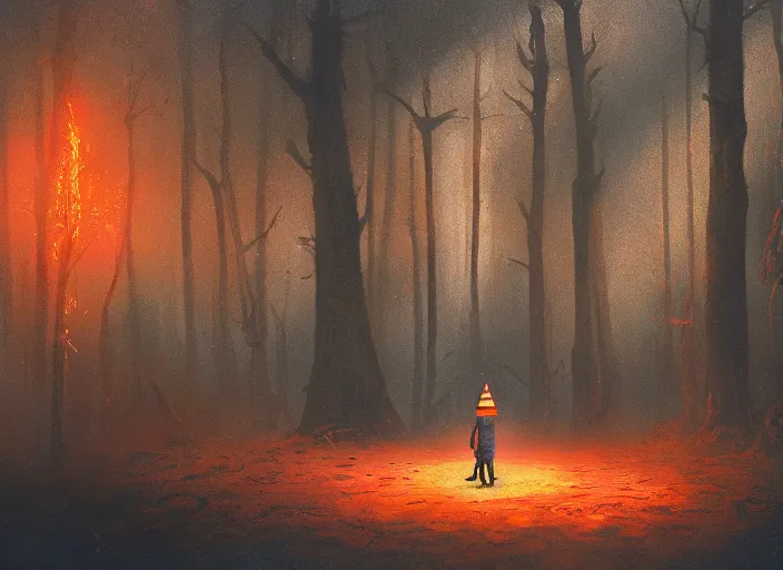 Image similar to a few orange safety cones in a beautiful strange forest, a black hairy fuzzy yakka mahasohna devil beast in a mask stands in the center distance, cinematic painting by james jean, atomspheric lighting, moody lighting, dappled light, detailed, digital art, limited color palette, wes anderson, artstation, 2 4 mm lens, surreal
