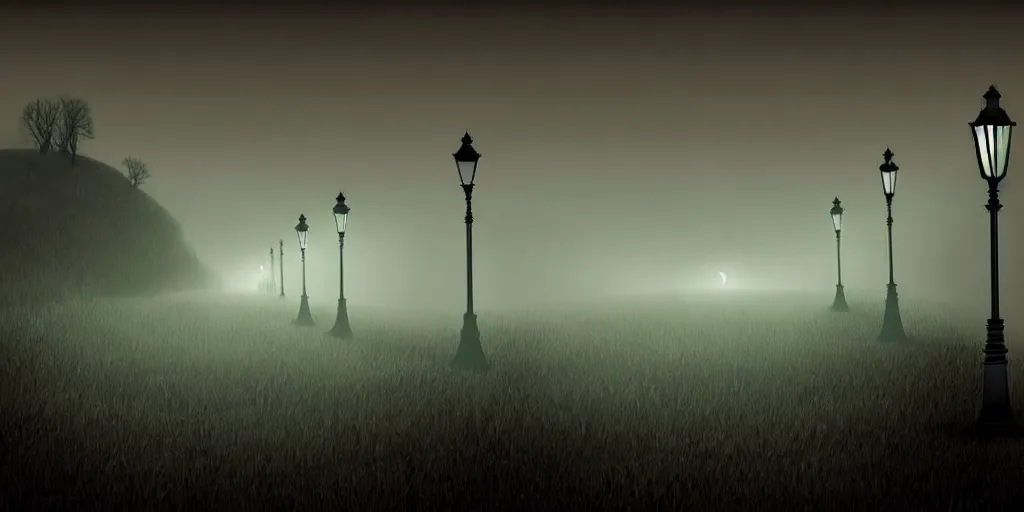 Prompt: curved perspective epic illustration of night city with curly victorian street lamp in a foggy field hilly ground from nightmare before christmas