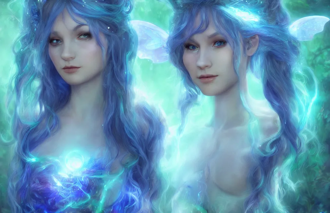 Image similar to beautiful fairie girl with flowing blue hair ( accurate facial details ) ( accurate body details ), walking through a bioluminescent magical forest, magical, dreamy, cinematic lighting, beautiful lighting, hyperdetailed 4 k artstation