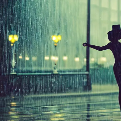 Image similar to portrait of mannequin dancing in the rain, cinematic light and reflections, beautiful dreamy lighting,