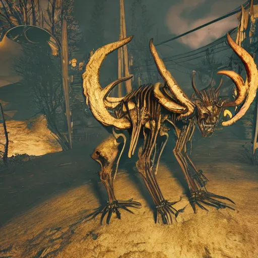 Image similar to Dangerous skeleton creature with horns in fallout 76, photograph, high quality, detailed, sharp