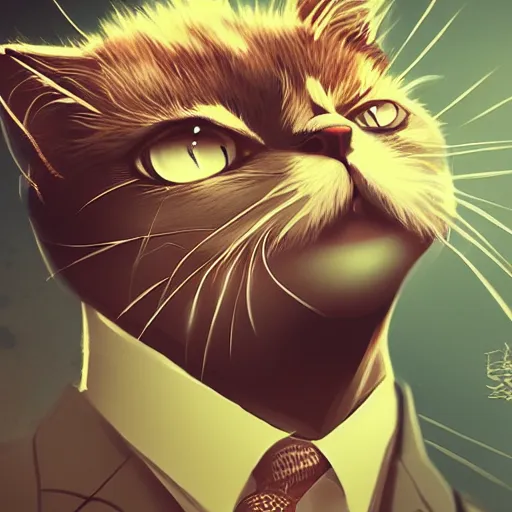 Image similar to cat in suit, manga cover art, detailed color portrait, artstation trending, 8 k, greg rutkowski