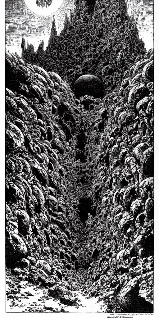 Image similar to hells gates by philippe druillet and gustave dore and much a and moebius