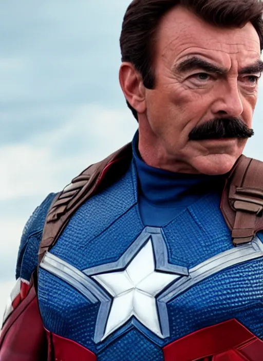 Image similar to film still of tom selleck as captain america in avengers endgame, 4 k