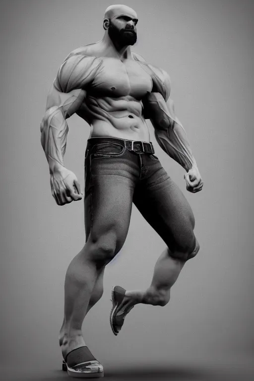 Image similar to a very muscular man with big beard wearing jeans, seductive pose, hyperrealistic, concept art, octane render, unreal engine 5, trending on artstation, high quality, highly detailed, stylish, elegant, path traced, black and white, realistic and detailed face, anatomically correct, five fingers, cinematic, high coherence, dramatic lighting, 8 k