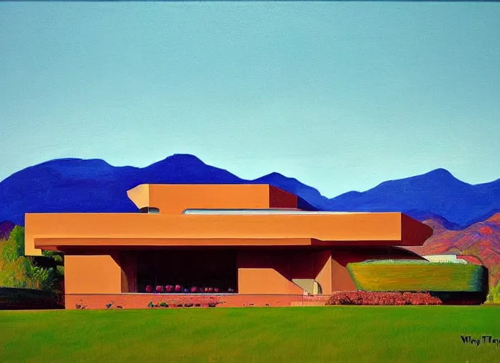 Image similar to painting of a frank lloyd wright house in front of beautiful mountains by wayne thiebaud