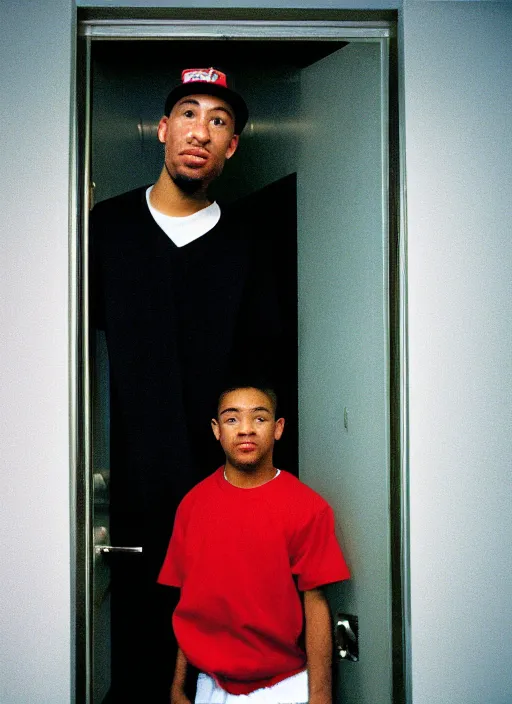 Prompt: Portrait of a 1990s Philadelphia b-boy looking back while exiting his apartment, hand on the doorknob, photographed for Reuters, Kodak Portra 400, 25mm f/1.8, light diffusion, contrast, film grain, 8k archival print, after Petrus van Schendel