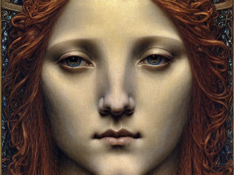 Image similar to detailed realistic beautiful young medieval queen face portrait by jean delville, gustave dore and marco mazzoni, art nouveau, symbolist, visionary, gothic, pre - raphaelite. horizontal symmetry