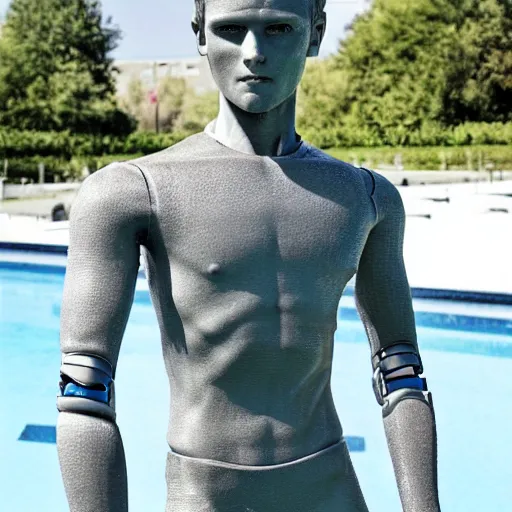 Image similar to a realistic detailed photo of a guy who is an attractive humanoid who is half robot and half humanoid, who is a male android, soccer player martin ødegaard, shiny skin, posing like a statue, blank stare, by the pool, on display, showing off his muscles, humanoid robot, frozen ice statue