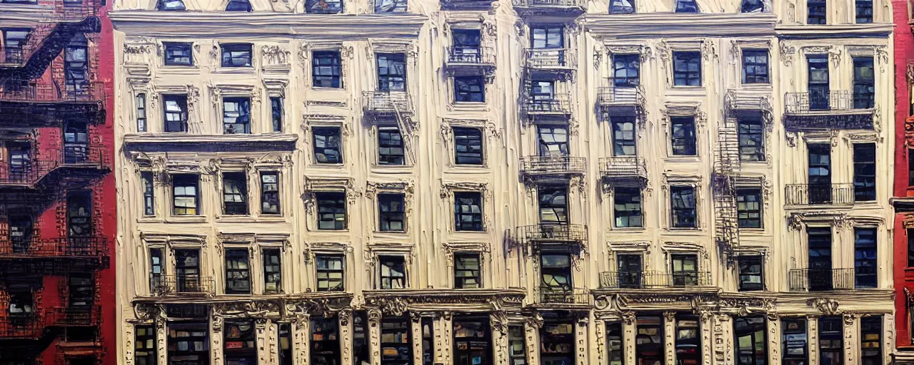 Image similar to stunning painting of a building facade. storefronts. city block. new york. masterpiece.