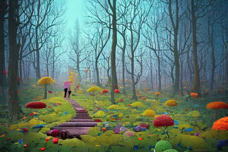 Image similar to surreal glimpse into other universe, inside a marshmallow forest, summer morning, very coherent and colorful high contrast, art by!!!! gediminas pranckevicius!!!!, geof darrow, dark shadows, hard lighting