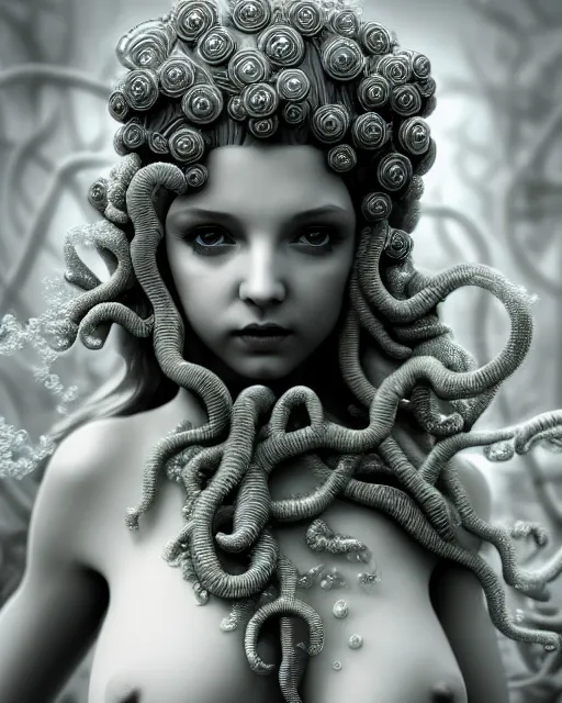 Image similar to mythical dreamy underwater artistic black and white 3 d render of a translucent beautiful young female angelic - medusa - vegetal - doll, highly detailed, intricate crystal ivy jelly ornate, poetic, translucent algae ornate, digital art, octane render, 8 k artistic photography, photo - realistic, hg giger flora borsi