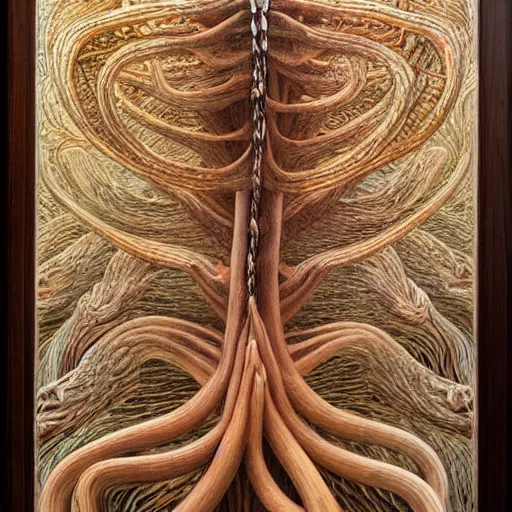 Prompt: intarsia inlay organic, insane by jean delville, by dino valls. a land art of the human intestine in all its glory. each section of the intestine is labelled, & various items & creatures can be seen inside, such as bacteria, food particles, & even a little mouse.