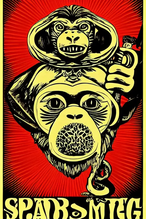 Image similar to Shepard Fairey poster of reggae weed smoking monkey , color, high resolution.