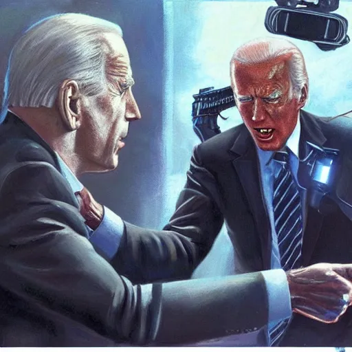 Prompt: joe biden as the terminator executing t-1000 Donald Trump with a shotgun, dramatic lighting, cinematic, establishing shot, extremly high detail, photorealistic, cinematic lighting, artstation, style by James Gurney